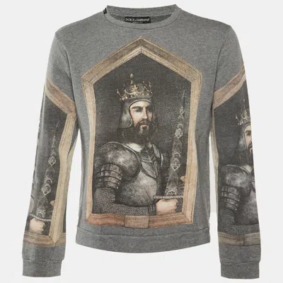 Pre-owned Dolce & Gabbana Grey King Printed Cotton Knit Sweatshirt L In Gray