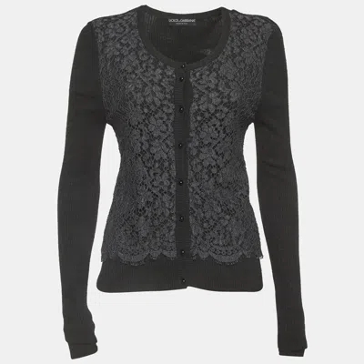 Pre-owned Dolce & Gabbana Grey Lace And Rib Knit Cardigan S In Gray