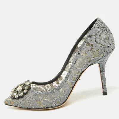 Pre-owned Dolce & Gabbana Grey Lace Bellucci Crystal Embellishment Pumps Size 39.5