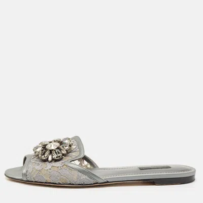 Pre-owned Dolce & Gabbana Grey Lace Crystal Embellished Flat Slide Sandals Size 39