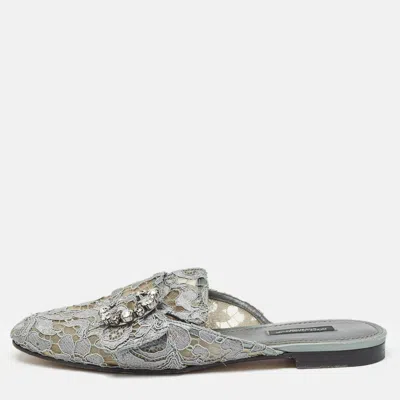 Pre-owned Dolce & Gabbana Grey Lace Crystals Embellished Flat Mules Size 37