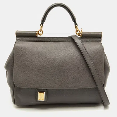 Pre-owned Dolce & Gabbana Grey Leather Maxi Miss Sicily Top Handle Bag