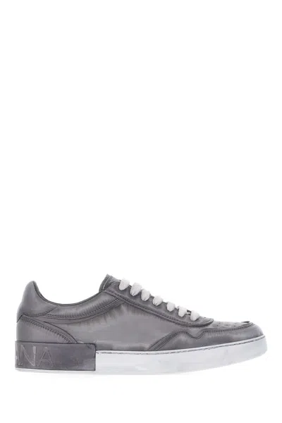 Dolce & Gabbana Grey Leather Sneakers In Animal Print