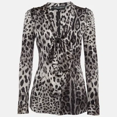 Pre-owned Dolce & Gabbana Grey Leopard Print Silk Buttoned Front Top S
