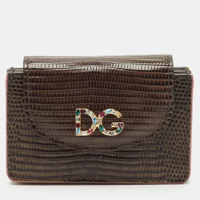 Pre-owned Dolce & Gabbana Grey Lizard Embossed Leather Dg Crystals Flap Card Case In Gray