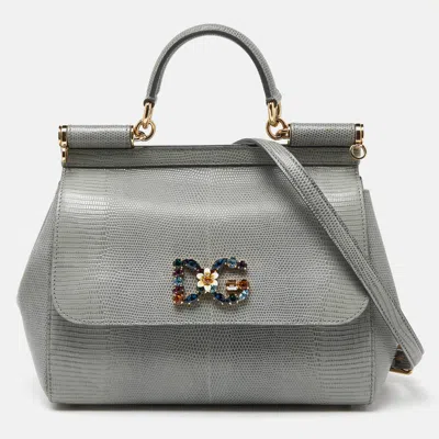 Pre-owned Dolce & Gabbana Grey Lizard Embossed Leather Medium Miss Sicily Top Handle Bag