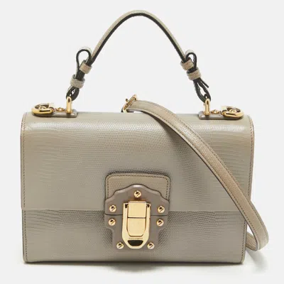 Pre-owned Dolce & Gabbana Grey Lizard Embossed Leather Small Lucia Top Handle Bag
