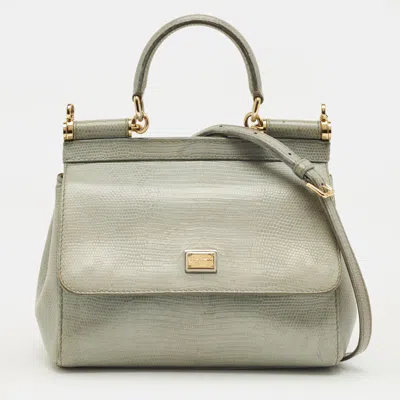 Pre-owned Dolce & Gabbana Grey Lizard Embossed Leather Small Miss Sicily Top Handle Bag In Gray
