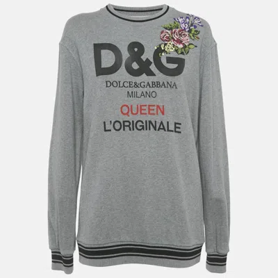 Pre-owned Dolce & Gabbana Grey Logo Print Cotton Floral Patch Detail Sweatshirt S In Gray