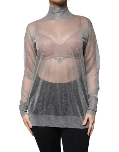 Pre-owned Dolce & Gabbana Grey Mesh Turtleneck Long Sleeve Blouse Women's Top () In Gray