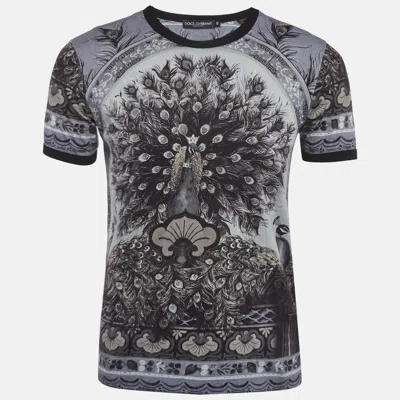 Pre-owned Dolce & Gabbana Grey Peacock Print Jersey T-shirt M In Gray