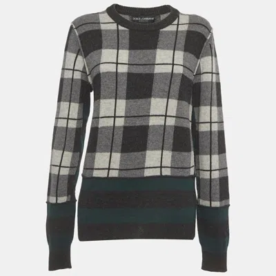 Pre-owned Dolce & Gabbana Grey Plaid Print Rib Knit Crewneck Sweater L In Gray