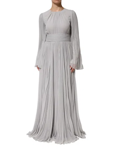 Pre-owned Dolce & Gabbana Grey Pleated Maxi Long Sleeve Silk Blend Gown Women's Dress () In Gray
