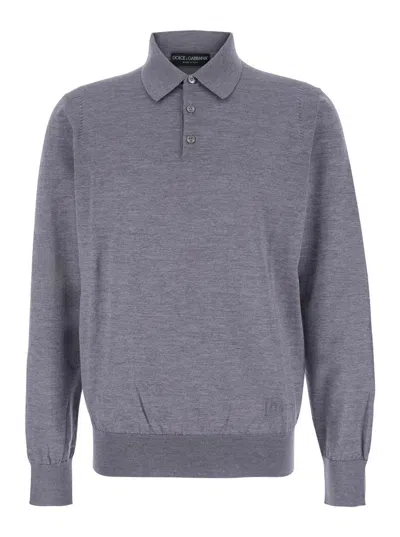 Dolce & Gabbana Grey Polo Shirt With Classic Collar And Tonal Logo Embroidery On The Front In Wool Man In Gray