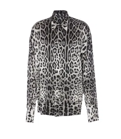 Dolce & Gabbana Grey Shirt With Leopard Print All-over And Logo Lettering In Silk Man In Animal Print