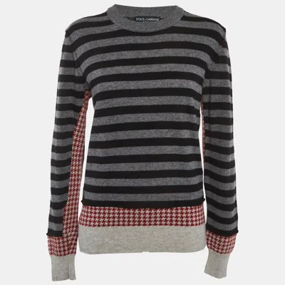 Pre-owned Dolce & Gabbana Grey Striped And Houndstooth Knit Jacquard Sweater L In Gray