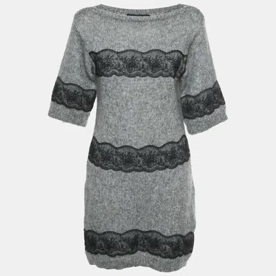 Pre-owned Dolce & Gabbana Grey Wool Blend Rib Knit Lace Trim Mini Dress S In Gray
