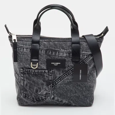 Pre-owned Dolce & Gabbana Grey/black Denim And Leather Tote
