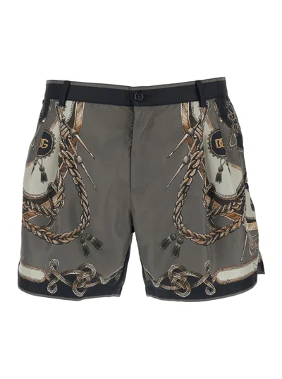 Dolce & Gabbana Men Greyl Swimsuit With All-over Print In Tech Fabric Man In Gray