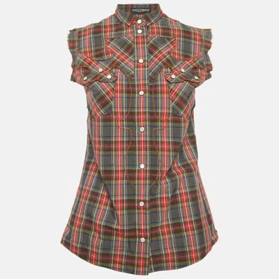 Pre-owned Dolce & Gabbana Grey/red Plaid Cotton Pearl Snap Button Detail Sleeveless Shirt S