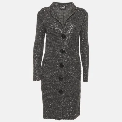 Pre-owned Dolce & Gabbana Grey/silver Sequin Crochet Knit Long Cardigan M In Gray