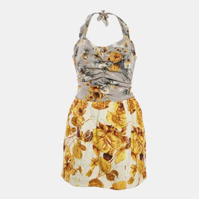 Pre-owned Dolce & Gabbana Grey/yellow Floral Print Jacquard And Crepe Halter Neck Dress M