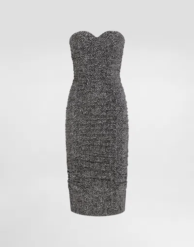 Dolce & Gabbana Habotai Silk Dress With Chevron Print In Gray