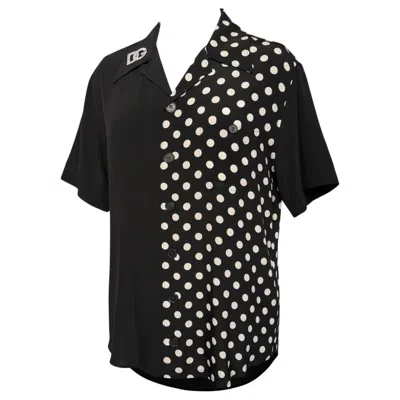 Pre-owned Dolce & Gabbana Half Polka Dot Silk Hawaiian Shirt Black Sz M Embroider Dg Logo