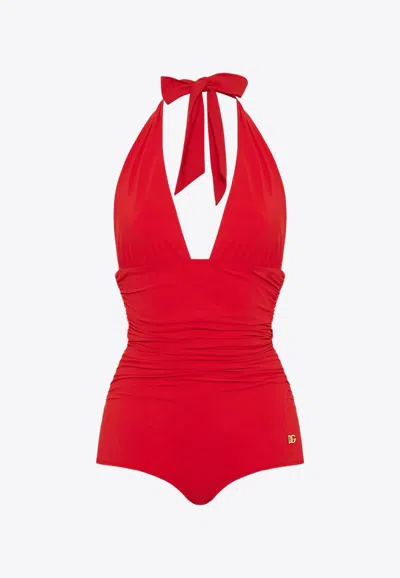 Dolce & Gabbana Halterneck One-piece Swimsuit In Red