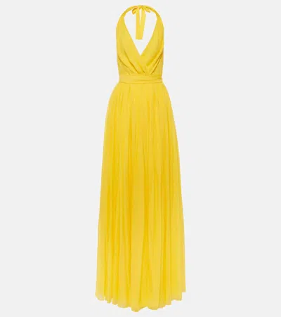 Dolce & Gabbana Pleated Halterneck Silk Maxi Dress In Yellow