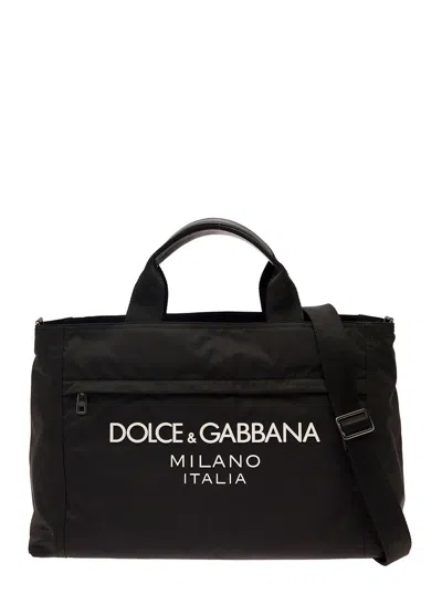 Dolce & Gabbana Black Gym Bag With Contrasting Logo Print In Polyamide Man