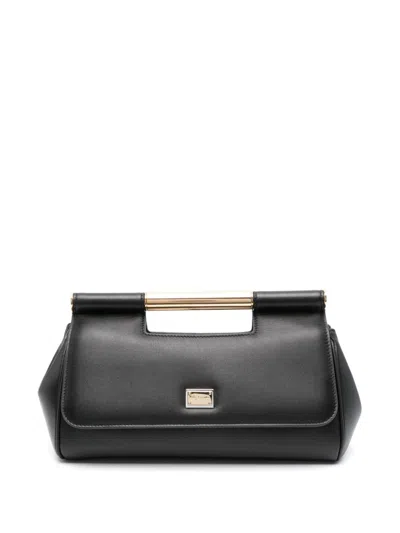 Dolce & Gabbana Sicily Medium Black Leather Clutch With Gold-tone Accents And Leopard Lining