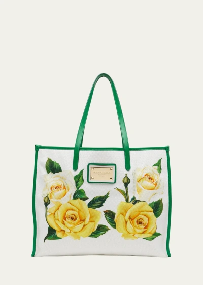Dolce & Gabbana Happy Garden Printed Canvas Tote Bag In Ha3vo Rose Gialle
