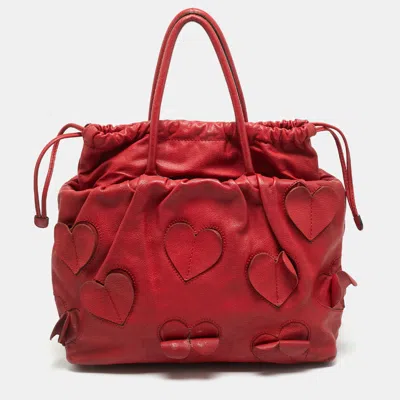 Pre-owned Dolce & Gabbana Heart Applique Red Leather Drawstring Tote