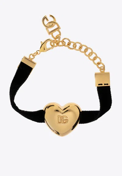 Dolce & Gabbana Heart-embellished Logo Velvet Bracelet In Black