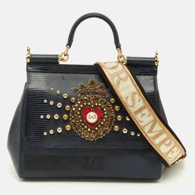 Pre-owned Dolce & Gabbana Heart Embellished Miss Sicily Navy Blue Lizard Embossed Leather Top Handle Bag