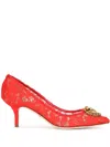 Dolce & Gabbana Bellucci 60 Brooch Embellished Lace Pumps In Red