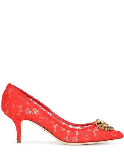Dolce & Gabbana Bellucci 60 Brooch Embellished Lace Pumps In Red