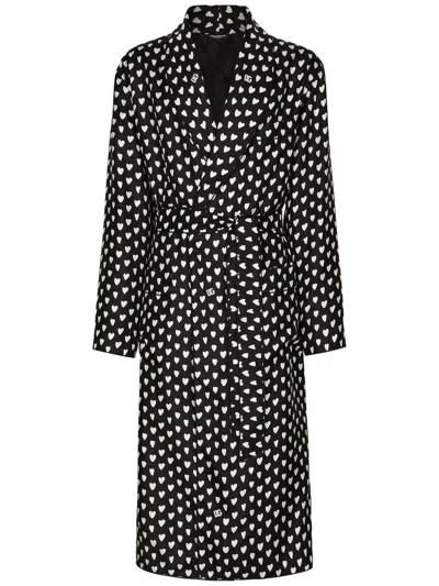 Dolce & Gabbana Heart-print Belted Coat In Black