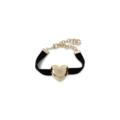 Dolce & Gabbana Heart-shaped Bracelet With Velvet Strap And Gold Accent In Black