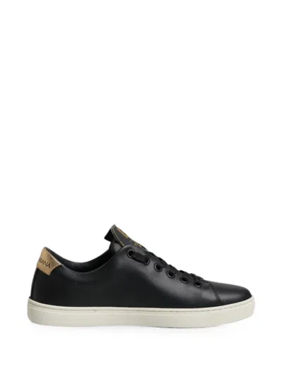 Dolce & Gabbana Calf Leather With Gold Emblem Sneaker In Black