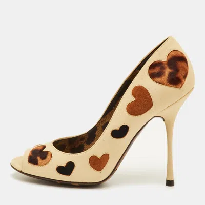 Pre-owned Dolce & Gabbana Hearts Size 38 Cream/brown Leather Calf Hair And Suede Peep Toe Pumps In White