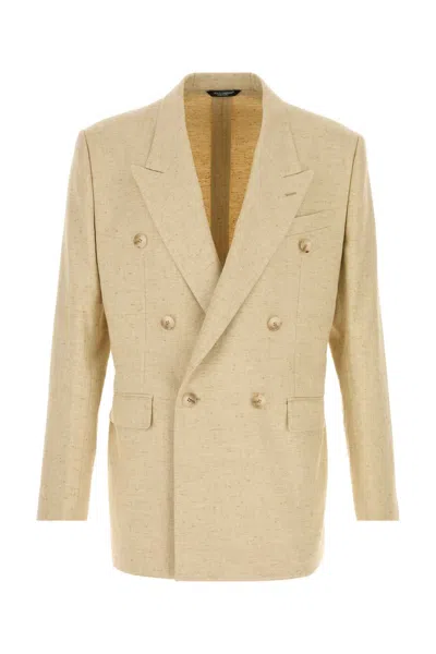 Dolce & Gabbana Hemp Silk Linen Double-breasted Blazer In Beige