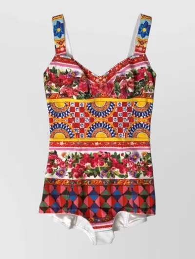 Dolce & Gabbana Heritage Print Swimsuit Top Adjustable Straps In Multi