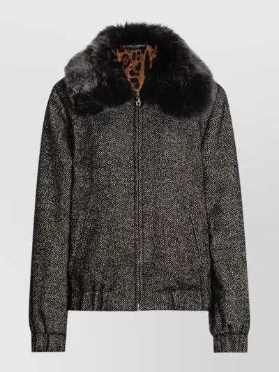 DOLCE & GABBANA HERRINGBONE BOMBER JACKET VIRGIN WOOL BLEND
