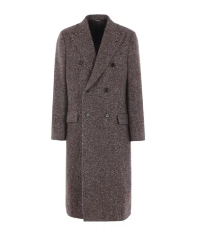 Dolce & Gabbana Herringbone Double-breasted Coat In Brown