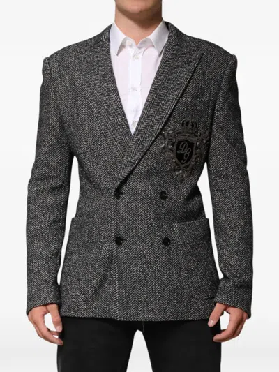 Dolce & Gabbana Herringbone Wool-cotton Double-breasted Blazer In Black