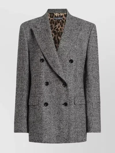 Dolce & Gabbana Double-breasted Herringbone Jacket With Animal Print Lining Clothing In Gray