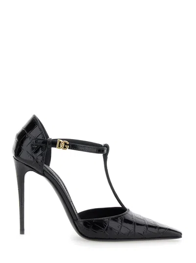DOLCE & GABBANA BLACK PUMPS WITH STILETTO HEEL AND CROCO PRINT IN LEATHER WOMAN
