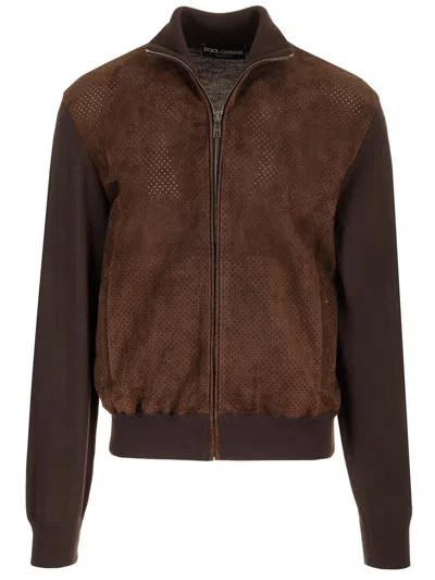 Dolce & Gabbana Zip-up Suede Bomber Jacket In Brown